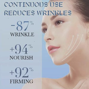 May include: Image of a woman's face with text indicating the product reduces wrinkles by 87%, nourishes by 94%, and firms by 92%. The text reads "Continuous Use Reduces Wrinkles".