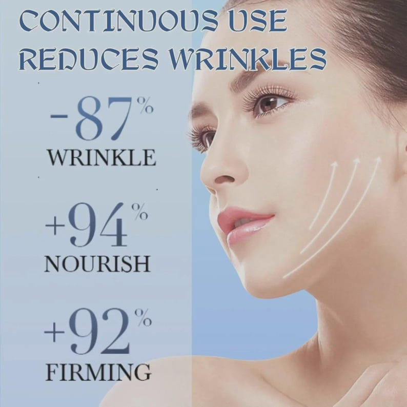 May include: Image of a woman's face with text indicating the product reduces wrinkles by 87%, nourishes by 94%, and firms by 92%. The text reads "Continuous Use Reduces Wrinkles".
