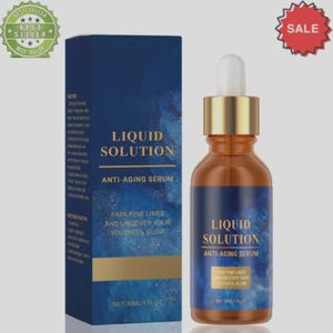 May include: An amber-colored bottle and a navy blue box of Liquid Solution anti-aging serum. The bottle has a gold cap and a dropper. The box and bottle feature the text "Liquid Solution" and "Anti-Aging Serum". The product is 1 fl oz.
