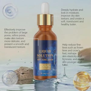 May include: A brown glass bottle of Liquid Solution Anti-Aging Serum with a gold cap and white dropper. The label is dark blue with white text and a galaxy design. The bottle is 1 fl oz.