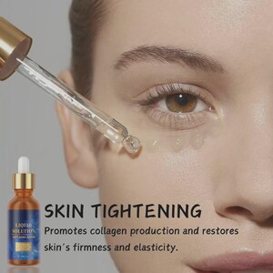 May include: A close-up of a woman's eye with a dropper dispensing serum. A bottle of Liquid Solution Anti-Aging Serum is visible. The text reads "SKIN TIGHTENING" and promotes collagen production and restores skin's firmness and elasticity.