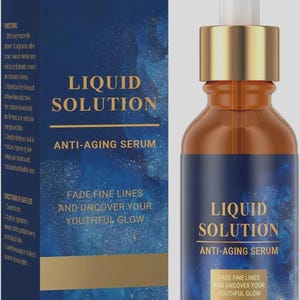 May include: An anti-aging serum in a brown glass bottle with a gold cap and dropper. The label reads "Liquid Solution, Anti-Aging Serum." A matching box displays the same text and "Fade Fine Lines and Uncover Your Youthful Glow." The bottle contains 1 fl oz.
