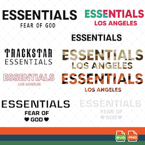 May include: A selection of "ESSENTIALS" logos in different designs and colours. Some logos feature "FEAR OF GOD" and "LOS ANGELES". The logos are in black, red, green, orange, and camouflage patterns. The image also includes SVG and PNG file type icons.
