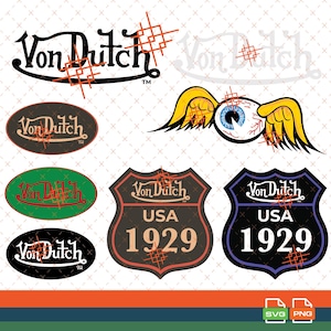 May include: A collection of Von Dutch logos in various styles. Includes the brand name in a script font, an eye with yellow wings, and shield-shaped designs with "USA 1929". Colors include black, brown, green, and blue.