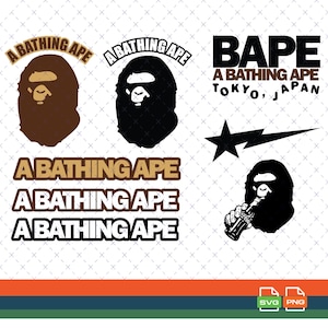 May include: Collection of BAPE logos and graphics. Includes the ape head logo in brown and black, the word "BAPE" with "A BATHING APE TOKYO, JAPAN", and a star with a lightning bolt. Also includes the text "A BATHING APE".