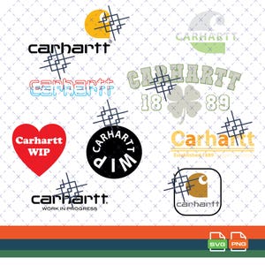 Könnte beinhalten: Eine Sammlung von Carhartt-Logos in verschiedenen Designs. Die Logos zeigen den Markennamen in Schwarz, Blau und Orange, zusammen mit einem herzförmigen Logo und einem kreisförmigen Logo. Einige Logos enthalten den Text "Work in Progress" und "Established 1889".