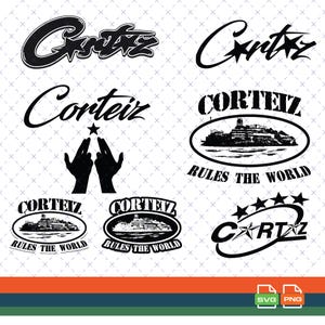 May include: A selection of black and white Corteiz logos and graphics. Designs include stylized text, a star, a silhouette of a building, and the phrase "RULES THE WORLD". The image also includes SVG and PNG file type icons.