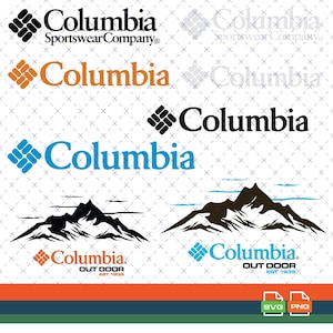 Puede incluir: Una colección de logotipos de la marca Columbia en varios estilos. Los logotipos presentan el nombre de la marca en negro, naranja y azul, junto con gráficos de montañas y el texto "OUT DOOR EST 1938". La imagen también incluye indicadores de tipo de archivo SVG y PNG.