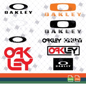 Può includere: Una collezione di loghi Oakley in vari stili e colori. I loghi includono il nome del marchio in nero, arancione e rosso, con diversi trattamenti di font ed elementi grafici. L'immagine include anche icone di tipo di file SVG e PNG.