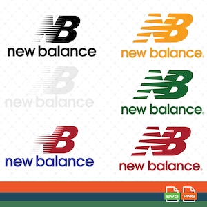 Könnte beinhalten: Eine Sammlung von New Balance Logos in verschiedenen Farben, darunter Schwarz, Orange, Grün und Rot. Jedes Logo zeigt das stilisierte "NB"-Symbol der Marke und den Schriftzug "new balance". Die Logos werden auf weißem Hintergrund dargestellt.