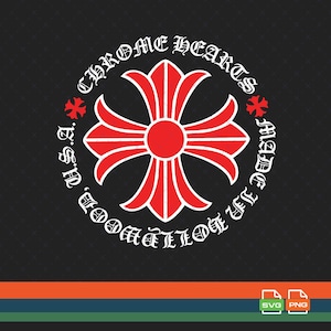 May include: Black graphic featuring a red cross design with the text "CHROME HEARTS MADE IN HOLLYWOOD U.S.A." in a white, gothic font. Two red starbursts are on either side of the cross. The design is on a black background.