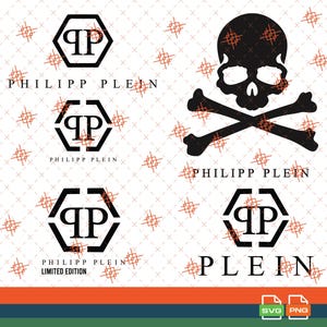 Puede incluir: Un diseño con múltiples logotipos de Philipp Plein en blanco y negro y una calavera con huesos cruzados. Los logotipos tienen forma de hexágono con "PP" en su interior. También se ve el texto "PHILIPP PLEIN" y "LIMITED EDITION".