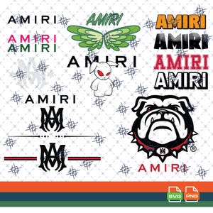 Puede incluir: Una colección de logotipos y gráficos de Amiri en varios estilos. Los diseños incluyen texto, una mariposa, un conejito con ojos rojos, un bulldog y el logotipo estilizado "M" de la marca. La paleta de colores incluye negro, blanco, verde, naranja y rosa.