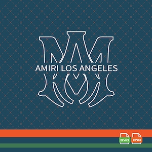 May include: White outline of the letters "AM" stacked on top of each other, with the text "AMIRI LOS ANGELES" below. The background is a dark teal colour with a diamond pattern. The bottom has orange and green stripes.