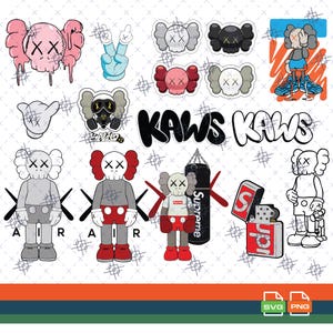 May include: A selection of KAWS-themed graphics and illustrations. The designs feature KAWS figures, a peace sign, and the word "KAWS" in a bold font. Other graphics include a Supreme lighter and a punching bag.