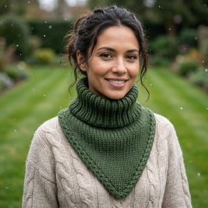 Könnte beinhalten: Ein dunkelolivgrüner Strick-Schlauchschal mit gerippter Textur und spitz zulaufendem vorderen Saum, getragen über einem beigen Zopfmuster-Pullover. Der Schal hat einen dicken, umgeschlagenen Kragen und ein geflochtenes Detail am unteren Rand.