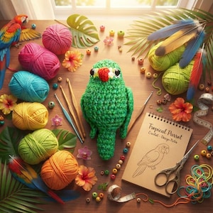 May include: A green crocheted parrot toy surrounded by colourful yarn balls, wooden crochet hooks, tropical flowers, palm leaves, a notepad labelled Tropical Parrot Crochet-Design Notes, scissors, beads, and a measuring tape on a wooden surface.