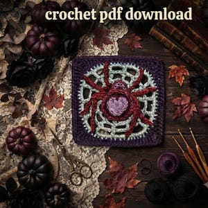 May include: A square crochet motif featuring a dark red spider with a light purple heart-shaped body centered on a pale green web, all framed by a dark purple border. The text "crochet pdf download" is visible at the top of the image.