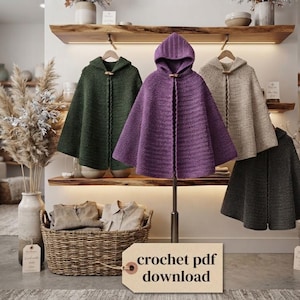 May include: Four hooded capes in dark green, purple, beige, and charcoal gray, each featuring a ribbed knit texture and a single wooden toggle closure at the neck. A tan tag in the foreground displays the text crochet pdf download.
