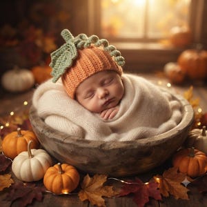 May include: A sleeping infant wrapped in a soft cream-colored blanket, wearing a crocheted orange pumpkin hat with a green leaf and vine detail. The infant rests inside a rustic wooden bowl surrounded by small pumpkins and autumn leaves.
