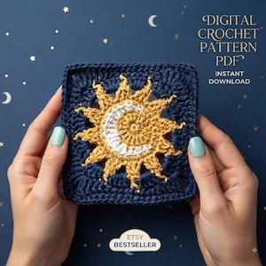 May include: A square crochet motif featuring a central white crescent moon surrounded by golden yellow sun rays, all set against a dark navy blue background. The text reads DIGITAL CROCHET PATTERN PDF INSTANT DOWNLOAD and ETSY BESTSELLER.