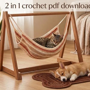 May include: A 2 in 1 crochet pdf download featuring a wooden A-frame stand with a hanging striped crochet hammock containing a tabby cat, and a brown bone-shaped crochet mat on the floor with a sleeping corgi puppy resting on top of it.