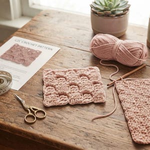 May include: A C2C crochet pattern document, a ball of dusty pink yarn, a wooden crochet hook, a partially finished dusty pink crochet square, a small pair of gold scissors, and a white measuring tape showing inches and centimeters.