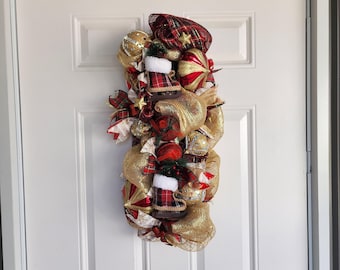 Handmade Christmas Evergreen Swag with Ice Skates, Gold Mesh & Plaid Ribbon, Lighted Holiday Door Decoration, Rustic Christmas Porch Decor