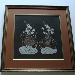 Vintage Thai Silk Screen Art Tapestry Framed Wall Art 1982