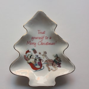 Vintage Designers Collection Porcelain Christmas Tree Raccoon Santa Trinket Tray 1979