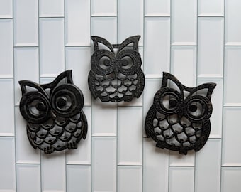 Vintage Set of 3 Owl Cast Iron Trivets 1970s