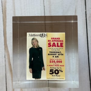 Vintage Miniature Matthew’s Belk Sales Advertisement Lucite Resin Paperweight 1998