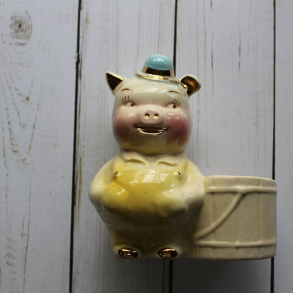 Vintage Ceramic Pig With Barrel Planter 1950s