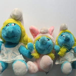Juego vintage de tres pitufos de bayas de Wallace Pitufo Peluche peluche Peluche 1980s 1980