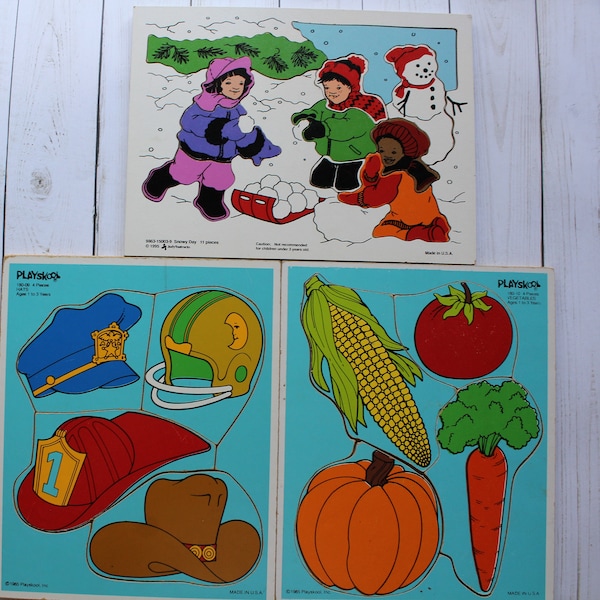 Vintage Set of Playskool Hats and Vegetables With Judy Instructo Snowy Day Frame-Tray Puzzles 1980s