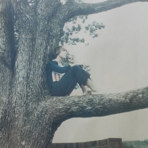 May include: A young person sits on a tree branch, wearing a blue and white striped shirt and blue jeans. The person is looking off to the side and appears to be thinking. The tree is large and has a thick trunk. There is a brick wall in the background.