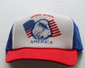 Vintage Desert Storm Red White Blue Eagle Adjustable Trucker Hat 1990