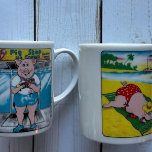 Taza de café vintage con dibujo de cerdo de Larry Smith, 1980
