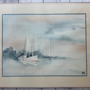 Vintage Litho Watercolor Print Sailboat Landscape Wall Art Signed Terry Madden 1989