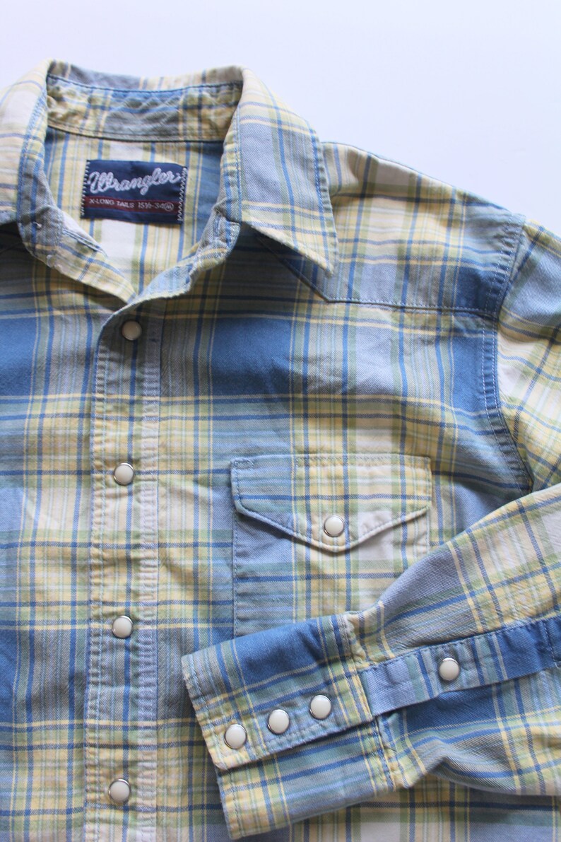 Vintage Men/'s Wrangler Western Plaid Cotton Long Sleeve Snap Button Shirt 1970s