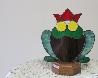 Vintage Frog Prince Stained Glass Candle Holder 1980s