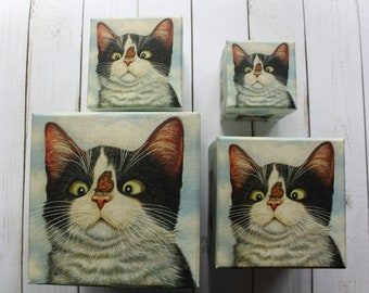 Vintage Set of 6 Stackable Nesting Bob's Boxes Hugo Hege Cat Pattern By Lowell Herrero 2000s