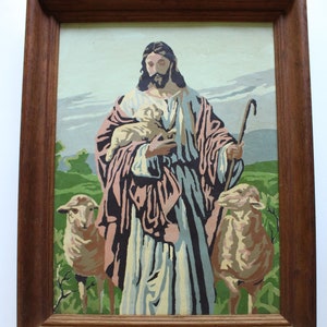 Vintage Wooden Framed Jesus Christ Shepherd With Sheep Paint By Numbers Wall Art 1960s