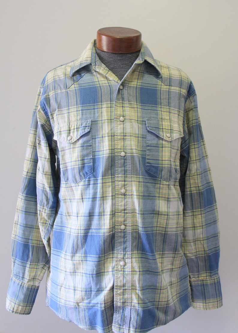 Vintage Men/'s Wrangler Western Plaid Cotton Long Sleeve Snap Button Shirt 1970s