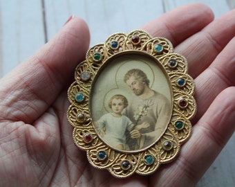 Vintage Miniature St Joseph Portrait Framed Art 1950s