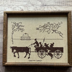 Peut inclure: Broderie encadrée représentant une scène champêtre. Le motif marron et beige montre une charrette tirée par des chevaux avec des passagers, des arbres et un bâtiment. Le texte "COUNTRY SUNSET" est en bas.