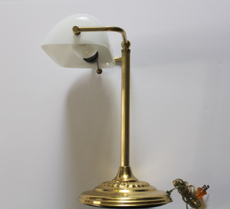 Vintage Brass Bankers Desk Lamp With White Glass Shade 1970s