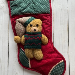 Vintage Santa’s Best Bear Plush With Red and Green Christmas Stocking 1980s