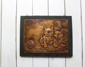 Vintage Embossed Copper Kittens With Yarn Scene Wall Plaque 1970s