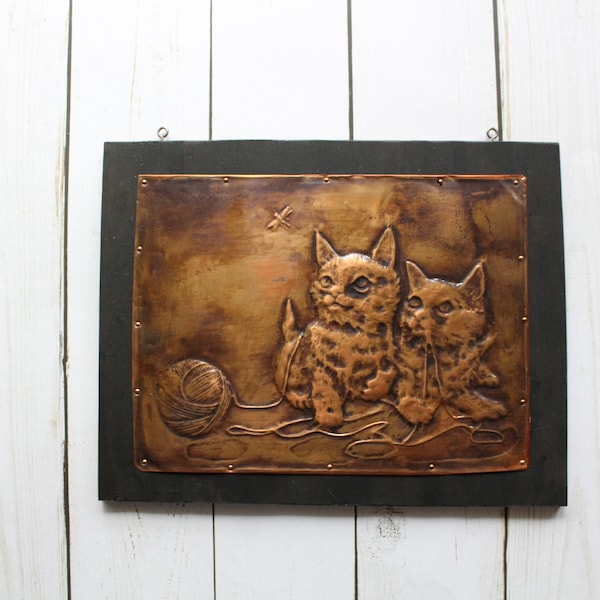 Vintage Embossed Copper Kittens With Yarn Scene Wall Plaque 1970s